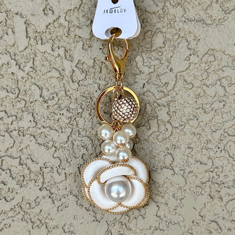 Luxe White Flower Gold Accented Keychain/ Bag Charm